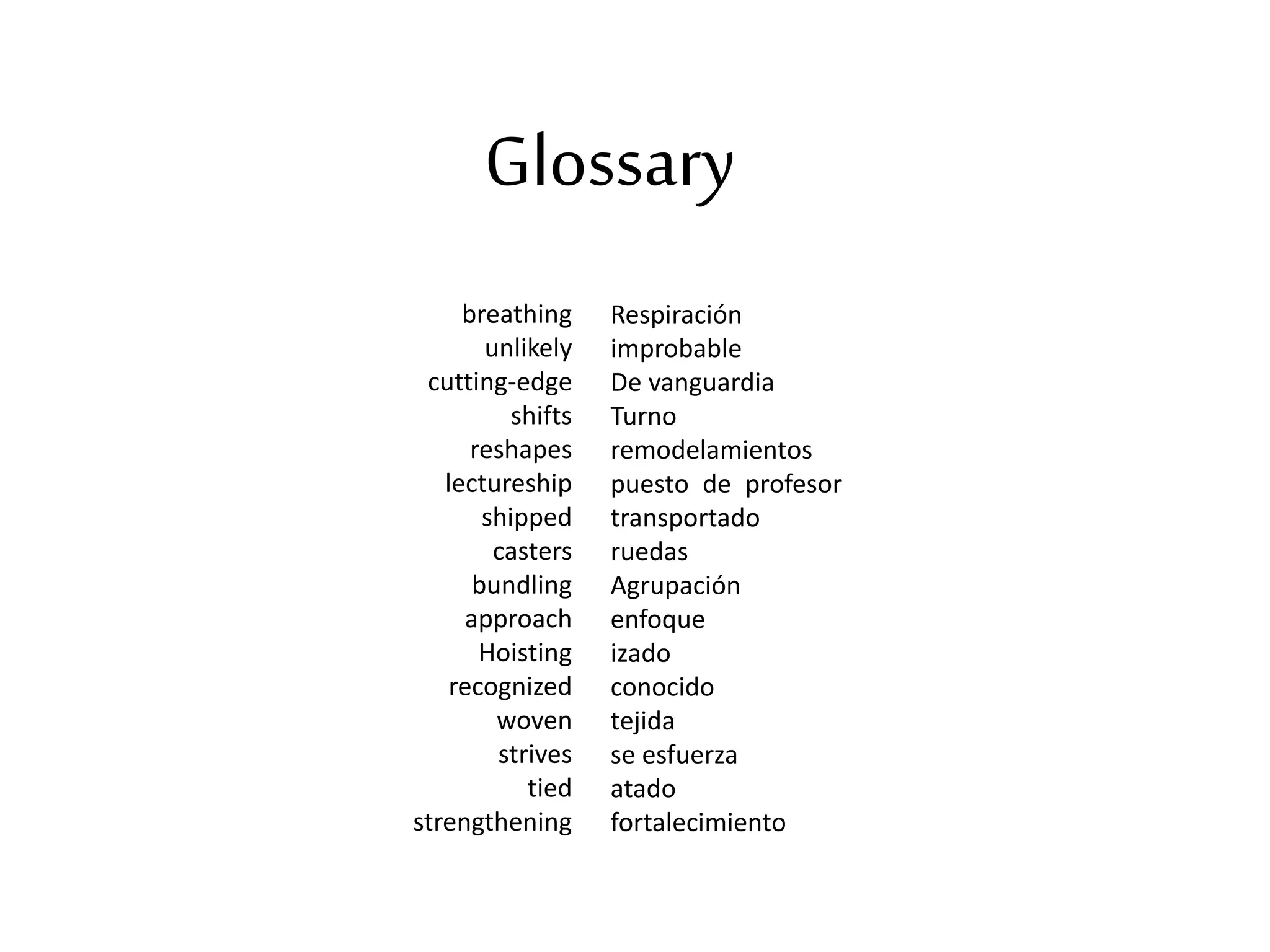 Glossary
breathing
unlikely
cutting-edge
shifts
reshapes
lectureship
shipped
casters
bundling
approach
Hoisting
recognized
woven
strives
tied
strengthening
Respiración
improbable
De vanguardia
Turno
remodelamientos
puesto de profesor
transportado
ruedas
Agrupación
enfoque
izado
conocido
tejida
se esfuerza
atado
fortalecimiento
 