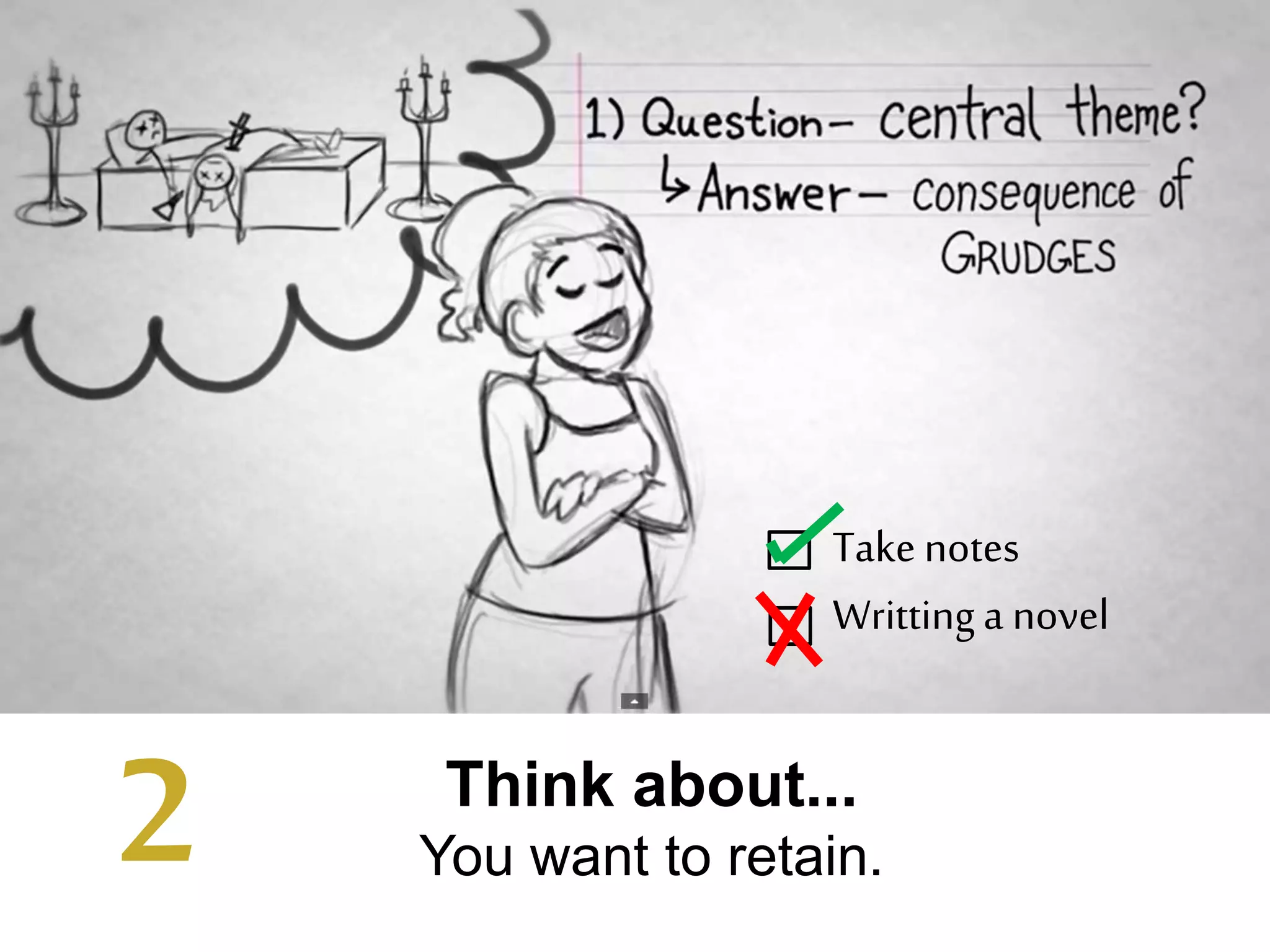 Think about...
You want to retain.
Takenotes
Writtinga novel
2
 