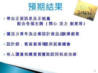 帶出正面訊息及正能量   配合各個主題  ( 開心 活力 創意等 ) 讓活力青年為企業設計貨品  發揮創意  設計師，售貨員等  提供就業機會  有人讚賞和購買   獲取認同和成功感  