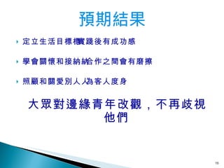 定立生活目標  實踐後有成功感 學會關懷和接納  合作之間會有磨擦 照顧和關愛別人  為客人度身 大眾對邊緣青年改觀，不再歧視他們 
