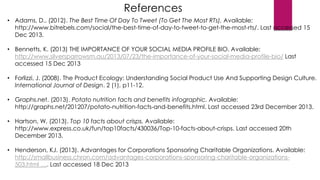 References
• Adams, D.. (2012). The Best Time Of Day To Tweet (To Get The Most RTs). Available:
http://www.bitrebels.com/social/the-best-time-of-day-to-tweet-to-get-the-most-rts/. Last accessed 15
Dec 2013.
• Bennetts, K. (2013) THE IMPORTANCE OF YOUR SOCIAL MEDIA PROFILE BIO. Available:
http://www.silversparrowsm.au/2013/07/23/the-importance-of-your-social-media-profile-bio/ Last
accessed 15 Dec 2013

• Forlizzi, J. (2008). The Product Ecology: Understanding Social Product Use And Supporting Design Culture.
International Journal of Design. 2 (1), p11-12.
• Graphs.net. (2013). Potato nutrition facts and benefits infographic. Available:
http://graphs.net/201207/potato-nutrition-facts-and-benefits.html. Last accessed 23rd December 2013.

• Hartson, W. (2013). Top 10 facts about crisps. Available:
http://www.express.co.uk/fun/top10facts/430036/Top-10-facts-about-crisps. Last accessed 20th
December 2013.
• Henderson, KJ. (2013). Advantages for Corporations Sponsoring Charitable Organizations. Available:
http://smallbusiness.chron.com/advantages-corporations-sponsoring-charitable-organizations503.html …. Last accessed 18 Dec 2013

 