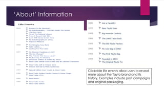 „About‟ Information

Clickable life events allow users to reveal
more about the Tayto brand and its
history. Examples include past campaigns
and original packaging.

 