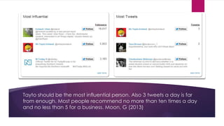 Tayto should be the most influential person. Also 3 tweets a day is far
from enough. Most people recommend no more than ten times a day
and no less than 5 for a business. Moon, G (2013)

 