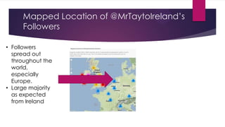 Mapped Location of @MrTaytoIreland‟s
Followers
• Followers
spread out
throughout the
world,
especially
Europe.
• Large majority
as expected
from Ireland

 