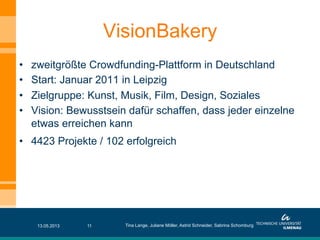 VisionBakery
•  zweitgrößte Crowdfunding-Plattform in Deutschland
•  Start: Januar 2011 in Leipzig
•  Zielgruppe: Kunst, Musik, Film, Design, Soziales
•  Vision: Bewusstsein dafür schaffen, dass jeder einzelne
etwas erreichen kann
•  4423 Projekte / 102 erfolgreich
13.05.2013 Tina Lange, Juliane Möller, Astrid Schneider, Sabrina Schomburg11
 