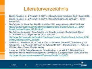 Literaturverzeichnis
•  Eisfeld-Reschke, J., & Wenzlaff, K. (2011a): Crowdfunding Handbuch. Berlin: ikosom UG.
•  Eisfeld-Reschke, J., & Wenzlaff, K. (2011b): Crowdfunding Studie 2010/2011. Berlin:
ikosom UG.
•  Für-Gründer.de: Crowdfunding -Monitor März 2013. Abgerufen am 04.05.2013 von
http://www.fuer-ruender.de/fileadmin/mediapool/Unsere_Studien/Crowd_Q1_2013/
Crowd_funding-Monitor_Q1_2013.pdf.
•  Für-Gründer.de-Monitor: Crowdfunding und Crowdinvesting in Deutschland. Stand
31.Dezember 2012. Abgerufen am 04.05.2013 von
http://www.fuer-gruender.de/fileadmin/mediapool/Unsere_Studien/Crowd_funding_2012/
Crowd_funding-Monitor_2012.pdf.
•  Gerecht, C., Haselbach, D., & Theil, A. (2011): Ein neuer Goldesel? Crowdfunding und
Kulturpolitik. In B. Wagner, Jahrbuch für Kulturpolitik 2011 - Digitalisierung (11. Ausg., S.
157-164). Bonn/Essen: Klartext Verlag.
•  Harzer, A. (2013): Erfolgsfaktoren im Crowdfunding. In: A. Will & D. Brüntje (Hrsg.):
Menschen-Märkte-Medien-Management: Schriftreihe; 7. Abgerufen am 12.04.2013 von
http://www.db-thueringen.de/servlets/DocumentServlet?id=20873.
13.05.2013 Tina Lange, Juliane Möller, Astrid Schneider, Sabrina Schomburg22
 