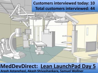 Arash Astanehasl, Akash Shivashankara, Samuel Wollner
MedDevDirect: Lean LaunchPad Day 5
Customers interviewed today: 10
Total customers interviewed: 44
 