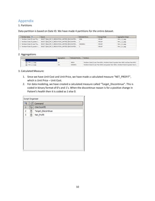 10
Appendix
1. Partitions
Data partition is based on Date ID. We have made 4 partitions for the entire dataset.
2. Aggregations
3. Calculated Measure:
1. Since we have Unit Cost and Unit Price, we have made a calculated measure “NET_PROFIT”,
which is Unit Price – Unit Cost.
2. For data modeling, we have created a calculated measure called “Target_Discontinue”. This is
coded in binary format of 0’s and 1’s. When the discontinue reason is for a positive change in
Patient’s health then it is coded as 1 else 0.
 
