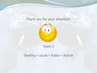 Thank you for your attention.




            Team 1

Sheikha + Jacek + Pablo + Ashish
 