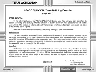 Individuals vs Team
16
Session II -
TEAM WORKSHOP
Team2.ppt - 16
SPACE SURVIVAL Team Building Exercise
(Page 1 of 2)
SPACE SURVIVAL
In the following situation, your "life" and "death" will depend upon how well your team can share its
present knowledge of a relatively unfamiliar situation so that the team can make decisions that will lead to
your survival. This problem is fictional, although the ranking to which you will compare your results was done
by a number of space experts.
Read the situation and do Step 1 without discussing it with your other team members.
The Situation
You are a member of a lunar exploration crew originally scheduled to rendezvous with a mother ship on
the lighted surface of the moon. Due to mechanical difficulties however, your ship was forced to land at a spot
some 320 kilometers (200 miles) from the rendezvous point. During the re-entry and landing, much of the
equipment aboard was damaged, and, since survival depends on reaching the mother ship, the most critical
items available must be chosen for the 320 km trip.
Your Task
On the next page are listed the 15 items left intact and undamaged after landing. Your task is to rank
these items according to their importance in aiding you to reach the mother ship, starting with "1" the more
important, to "15" the least important. You should assume the number in the crew is the same as the number
on your team, you are the actual people in the situation, the team has agreed to stick together, and all 15
items are in good condition.
(Continued)
Source: Prof. Dave Hughes,
Civil Engineering Dept,
University of Bradford, GB
Space Survival
 