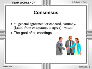 Individuals vs Team
3
Session II -
TEAM WORKSHOP
Team2.ppt - 3
Consensus
 n. general agreement or concord, harmony.
[Latin, from consentire, to agree] - Webster
 The goal of all meetings
 