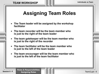 Individuals vs Team
9
Session II -
TEAM WORKSHOP
Team2.ppt - 9
Assigning Team Roles
 The Team leader will be assigned by the workshop
facilitator
 The team recorder will be the team member who
is just to the right of the team leader
 The team gatekeeper will be the team member who
is just to the right of the recorder
 The team facilitator will be the team member who
is just to the left of the team leader
 The team encourager will be the team member who
is just to the left of the team facilitator
Roles & Responsibilities
Assigning Roles
 
