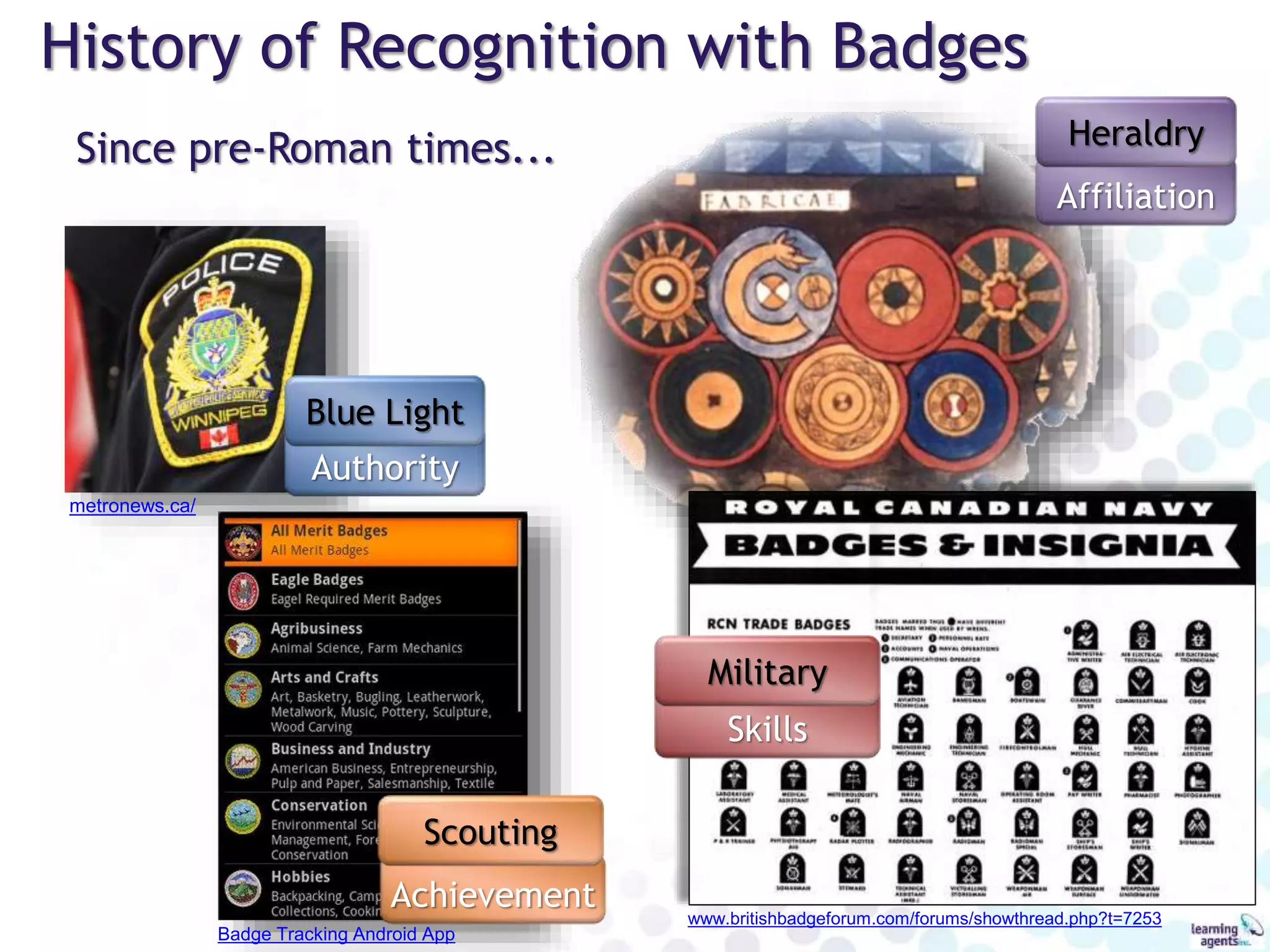 www.britishbadgeforum.com/forums/showthread.php?t=7253
metronews.ca/
History of Recognition with Badges
Authority
Badge Tracking Android App
Since pre-Roman times...
Blue Light
Achievement
Affiliation
Skills
Military
Scouting
Heraldry
 