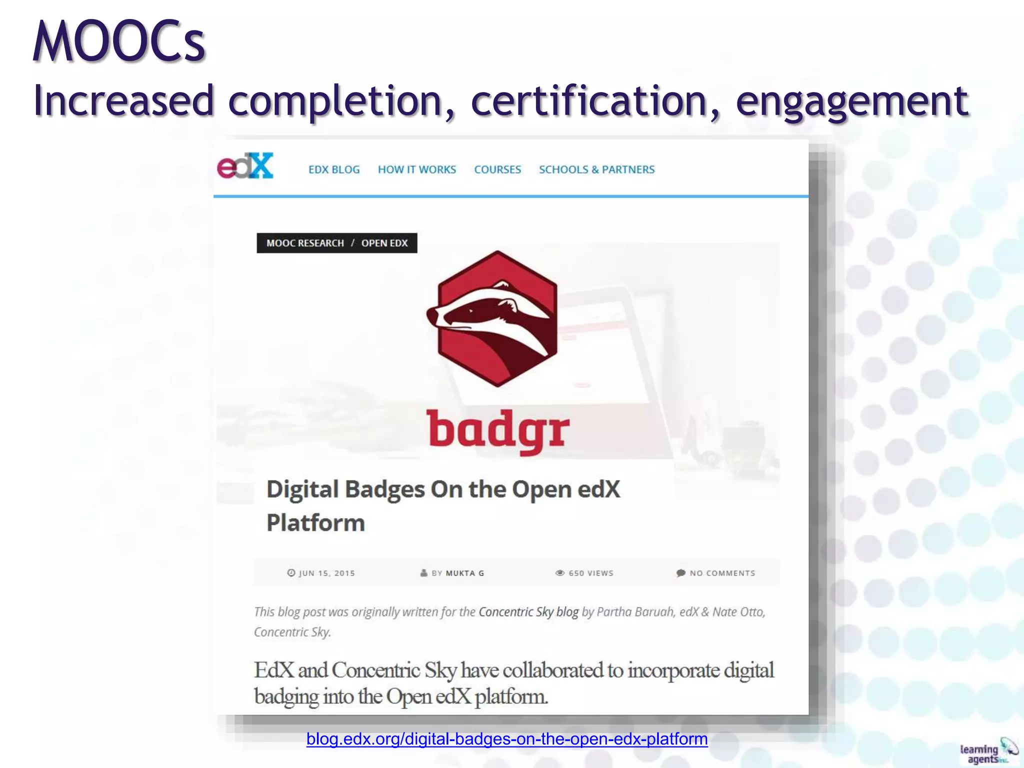 MOOCs
Increased completion, certification, engagement
blog.edx.org/digital-badges-on-the-open-edx-platform
 