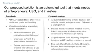 Our proposed solution is an automated tool that meets needs
of entrepreneurs, USG, and investors
● At first, we debated tr...