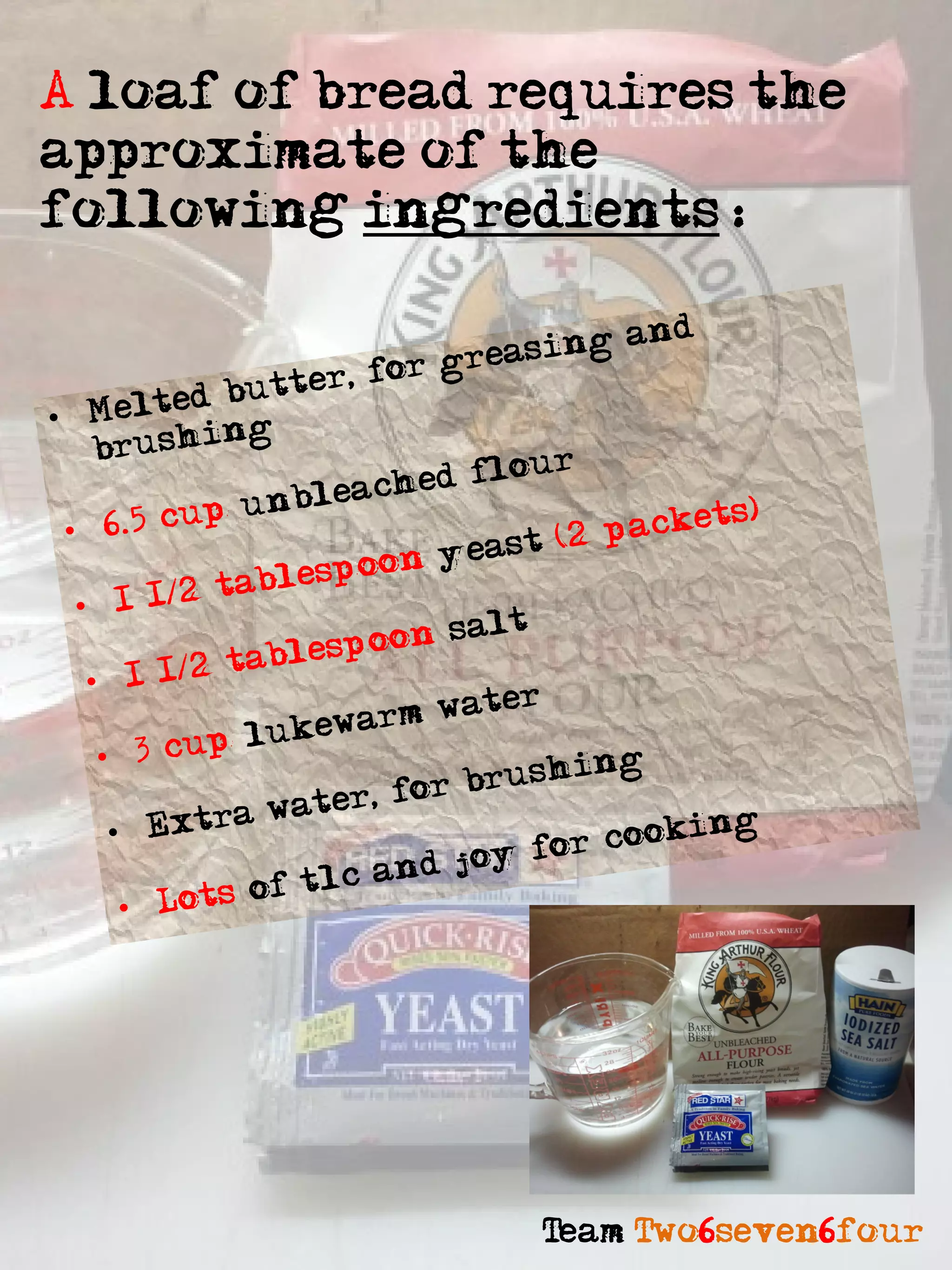 A loaf of bread requires the
approximate of the
following ingredients :




                 Team Two6seven6four
 