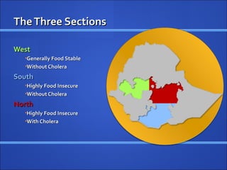 The Three Sections

West
  •Generally Food Stable
  •Without Cholera

South
  •Highly Food Insecure
  •Without Cholera

North
  •Highly Food Insecure
  •With Cholera
 