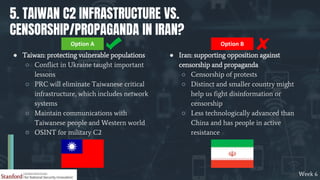 5. TAIWAN C2 INFRASTRUCTURE VS.
CENSORSHIP/PROPAGANDA IN IRAN?
● Taiwan: protecting vulnerable populations
○ Conflict in U...