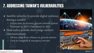 Weeks 7-9
7. ADDRESSING TAIWAN’S VULNERABILITIES
● Satellite initiative to provide digital resiliency
during a conflict
○ ...