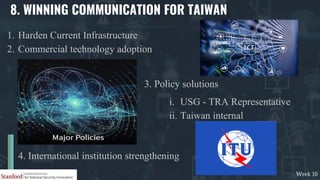 Week 10
8. WINNING COMMUNICATION FOR TAIWAN
1. Harden Current Infrastructure
2. Commercial technology adoption
4. Internat...