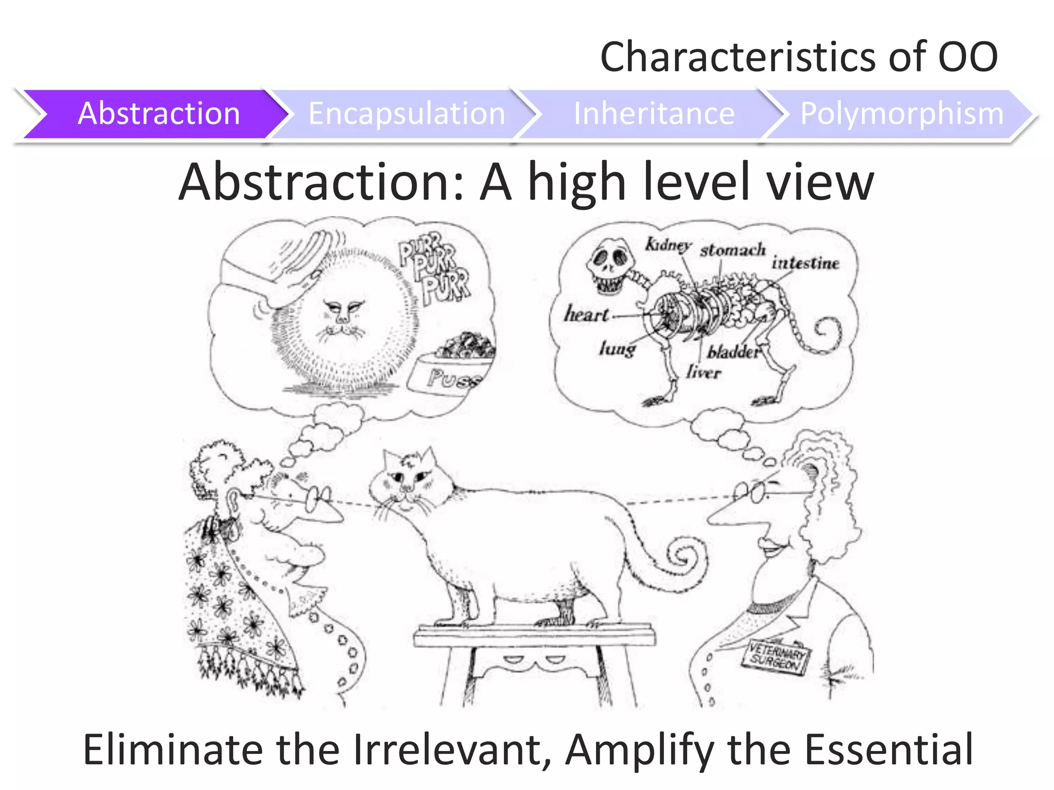 Characteristics of OOAbstraction: A high level viewEliminate the Irrelevant, Amplify the Essential