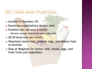 Setting and purposeLocated in Geneseo, NY.Numerous organizations donate food.Families can call once a month.Receive enough food to last about one week.20-30 local calls per month.Volunteers stock food, prepare bags, and deliver food to families.Stop at Wegmans for butter, milk, bread, eggs, and fresh fruits and vegetables.