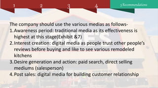 5 Recommendations1 2 43
The company should use the various medias as follows-
1.Awareness period: traditional media as its effectiveness is
highest at this stage(Exhibit &7)
2.Interest creation: digital media as people trust other people’s
reviews before buying and like to see various remodeled
kitchens
3.Desire generation and action: paid search, direct selling
mediums (salesperson)
4.Post sales: digital media for building customer relationship
 