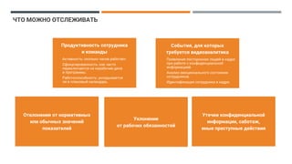 ЧТО МОЖНО ОТСЛЕЖИВАТЬ
Продуктивность сотрудника
и команды
Активность: сколько часов работает.
Сфокусированность: как часто
переключается на нерабочие дела
и программы.
Работоспособность: укладывается
ли в плановый календарь.
События, для которых
требуется видеоаналитика
Появление посторонних людей в кадре
при работе с конфиденциальной
информацией.
Анализ эмоционального состояния
сотрудников.
Идентификация сотрудника в кадре.
Уклонение
от рабочих обязанностей
Отклонения от нормативных
или обычных значений
показателей
Утечки конфиденциальной
информации, саботаж,
иные преступные действия
 
