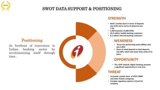 THREAT
• Increased market share of HDFC ABNK
and other fintech companies
• Complex regulatory system is threat for
company
STRENGTH
• Bank's market share in terms of deposits
was 6.8% and in terms of advances was
7.3%
• 5,300 branches 15,000 ATMs
• 24.9 million mobile banking customers
• 8.2 million internet banking customers
WEAKNESS
• Gross non-performing assets (NPAs) ratio
was 4.96%
• Share of retail deposits in total deposits
was 68%, which was lower than some of its
peers
OPPORTUNITY
• The shift towards digital banking presents
a significant opportunity in rural area
Positioning
At forefront of innovation in
Indian banking sector by
revolutionizing itself through
time .
SWOT DATA SUPPORT & POSITIONING
 