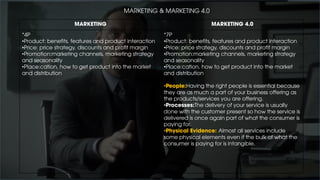 MARKETING MARKETING 4.0
*4P
•Product: benefits, features and product interaction
•Price: price strategy, discounts and profit margin
•Promotion:marketing channels, marketing strategy
and seasonality
•Place:cation, how to get product into the market
and distribution
*7P
•Product: benefits, features and product interaction
•Price: price strategy, discounts and profit margin
•Promotion:marketing channels, marketing strategy
and seasonality
•Place:cation, how to get product into the market
and distribution
•People:Having the right people is essential because
they are as much a part of your business offering as
the products/services you are offering.
•Processes:The delivery of your service is usually
done with the customer present so how the service is
delivered is once again part of what the consumer is
paying for.
•Physical Evidence: Almost all services include
some physical elements even if the bulk of what the
consumer is paying for is intangible.
MARKETING & MARKETING 4.0
 