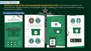 Example: Starbucks
Starbucks is one of the most recognizable brands in the world. Their brand recognition has
reached epic heights thanks to the strength of their marketing and their commitment to keeping
their brand consistent.
The History Of Starbucks
 
