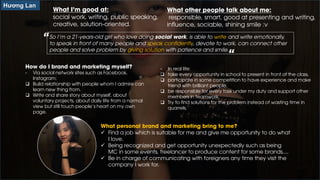 Hương Lan
What personal brand and marketing bring to me?
 Find a job which is suitable for me and give me opportunity to do what
I love.
 Being recognized and get opportunity unexpectedly such as being
MC in some events, freelancer to produce content for some brands,...
 Be in charge of communicating with foreigners any time they visit the
company I work for.
What I'm good at:
social work, writing, public speaking,
creative, solution-oriented.
So I’m a 21-years-old girl who love doing social work, is able to write and write emotionally,
to speak in front of many people and speak confidently, devote to work, can connect other
people and solve problem by giving solution with patience and smile.
How do I brand and marketing myself?
- Via social network sites such as Facebook,
Instagram:
 Build relationship with people whom I admire can
learn new thing from.
 Write and share story about myself, about
voluntary projects, about daily life from a normal
view but still touch people's heart on my own
page.
What other people talk about me:
responsible, smart, good at presenting and writing,
influence, sociable, shining smile :v
“
“
- In real life:
 take every opportunity in school to present in front of the class,
 participate in some competition to have experience and make
friend with brilliant people,
 be responsible for every task under my duty and support other
members in teamwork.
 Try to find solutions for the problem instead of wasting time in
quarrels.
 