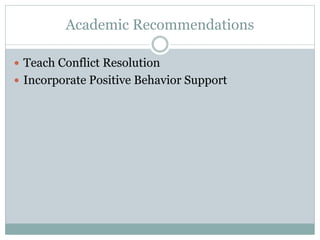Academic Recommendations 
 Teach Conflict Resolution 
 Incorporate Positive Behavior Support 
 