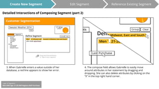 Create New Segment Edit Segment Reference Existing Segment 
Detailed Interactions of Composing Segment (part 2) 
3. When Gabrielle enters a value outside of her 
database, a red line appears to show her error. 
4. The compose field allows Gabrielle to easily move 
around attributes in her statement by dragging and 
dropping. She can also delete attributes by clicking on the 
“X” in the top right hand corner. 
Logic of Segment: 
Men AND Age: 21-28 AND Regions AND Purchase 
 