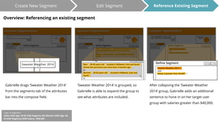 Create New Segment Edit Segment Reference Existing Segment 
Overview: Referencing an existing segment 
Gabrielle drags ‘Sweater Weather 2014’ 
from the segments tab of the attributes 
bar into the compose field. 
‘Sweater Weather 2014’ is grouped, so 
Gabrielle is able to expand the group to 
see what attributes are included. 
Reference Segment 
After collapsing the ‘Sweater Weather 
2014’ group, Gabrielle adds an additional 
sentence to hone in on her target user 
group with salaries greater than $40,000. 
Logic of Segment: 
((Men AND Age: 30-55 AND Regions) OR (Women AND Age: 30- 
55 AND Regions)) AND Salary: >$40,000 
 