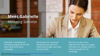 Meet Gabrielle 
Marketing Specialist 
Gabrielle is building the 
marketing segments for the 
new Fall promotional 
campaign. 
She knows her customer 
database very well and 
understands logic, but does 
not know SQL. 
She has an idea of the 
segment she wants to target, 
but wants to validate that it is 
robust enough for the 
campaign. 
Image sourced from: http://www.levo.com/articles/career-advice/business-myths-you-need-watch-out-for 
Accessed on 9/12/2014. Used for educational purposes only 
 