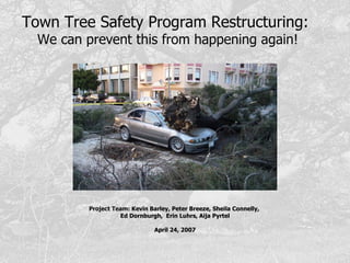 Town Tree Safety Program Restructuring:  We can   prevent this from happening again! Project Team:  Kevin Barley, Peter Breeze, Sheila Connelly,  Ed Dornburgh,  Erin Luhrs, Aija Pyrtel April 24, 2007 