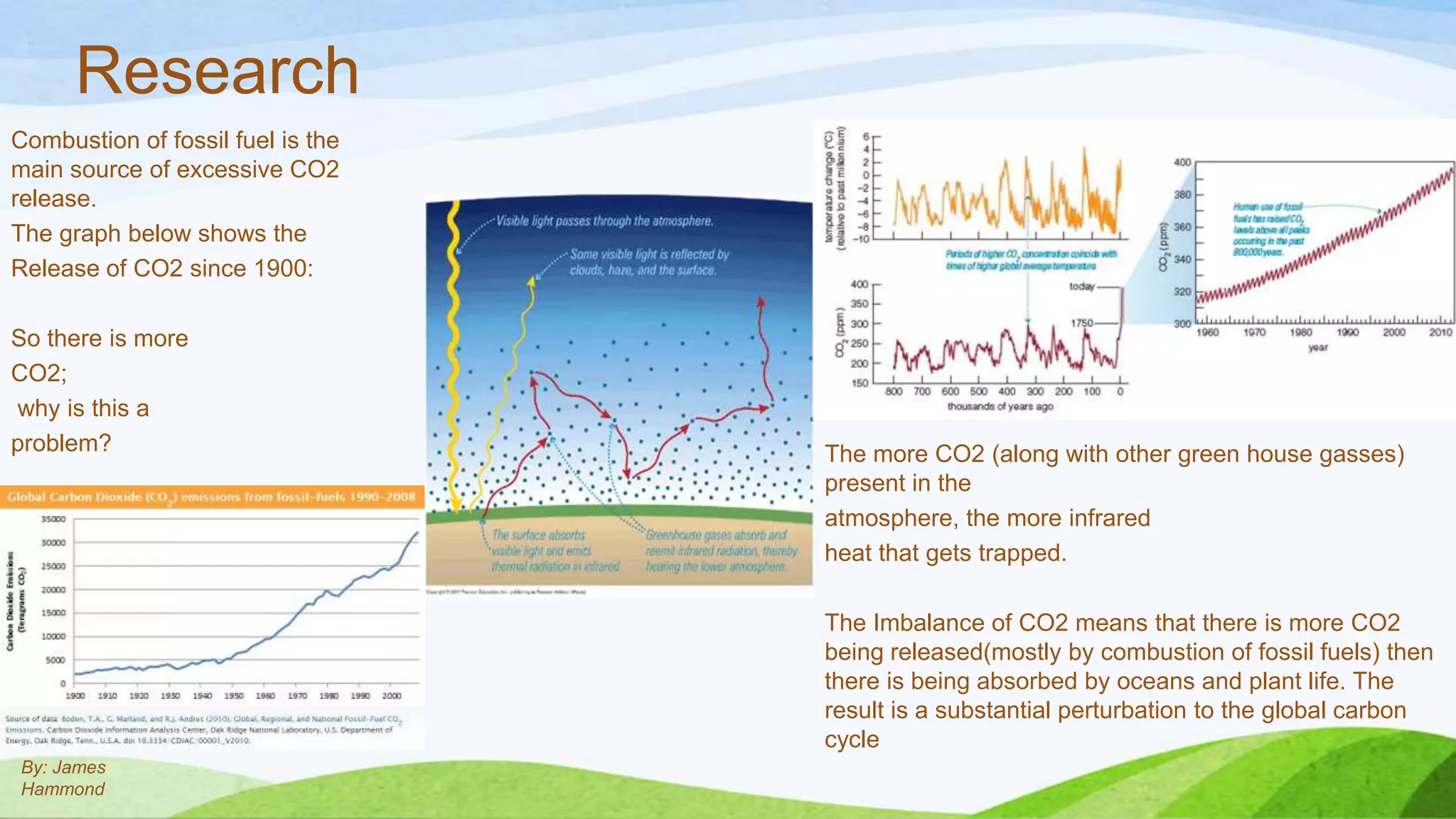 Research
Combustion of fossil fuel is the
main source of excessive CO2
release.
The graph below shows the
Release of CO2 since 1900:

So there is more
CO2;
why is this a
problem?                           The more CO2 (along with other green house gasses)
                                   present in the
                                   atmosphere, the more infrared
                                   heat that gets trapped.

                                   The Imbalance of CO2 means that there is more CO2
                                   being released(mostly by combustion of fossil fuels) then
                                   there is being absorbed by oceans and plant life. The
                                   result is a substantial perturbation to the global carbon
                                   cycle
By: James
Hammond
 