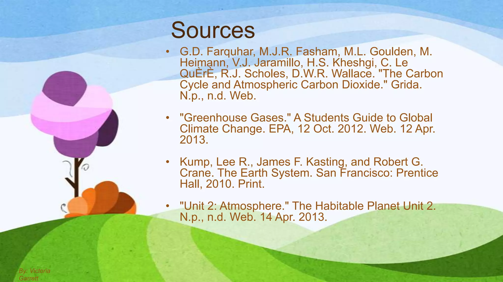 Sources
               • G.D. Farquhar, M.J.R. Fasham, M.L. Goulden, M.
                 Heimann, V.J. Jaramillo, H.S. Kheshgi, C. Le
                 QuÈrÈ, R.J. Scholes, D.W.R. Wallace. "The Carbon
                 Cycle and Atmospheric Carbon Dioxide." Grida.
                 N.p., n.d. Web.
               • "Greenhouse Gases." A Students Guide to Global
                 Climate Change. EPA, 12 Oct. 2012. Web. 12 Apr.
                 2013.
               • Kump, Lee R., James F. Kasting, and Robert G.
                 Crane. The Earth System. San Francisco: Prentice
                 Hall, 2010. Print.
               • "Unit 2: Atmosphere." The Habitable Planet Unit 2.
                 N.p., n.d. Web. 14 Apr. 2013.



By: Victoria
Garrett
 
