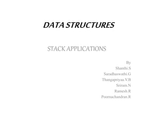 DATA STRUCTURES 
STACK APPLICATIONS 
By 
Shanthi.S 
Saradhaswathi.G 
Thangapriyaa.V.B 
Sriram.N 
Ramesh.R 
Poornachandran.R 
 