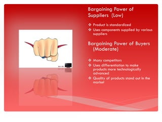 Bargaining Power of Suppliers  (Low) Product is standardized Uses components supplied by various suppliers Bargaining Power of Buyers (Moderate) Many competitors Uses differentiation to make products more technologically advanced  Quality of products stand out in the market 