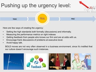 Pushing up the urgency level:
TEOC TEUL PAICTEUL
Here are few ways of creating the urgency:
• Setting the high standards both formally (discussions) and informally.
• Measuring the performance metrics on right indexes
• Getting feedback from people who knows our firm and are at odds with us.
• Encourage frank discussions of problems at executive level.
• Avoid happy talk.
BOLD moves are not very often observed in a business environment, since it’s instilled that
our culture doesn’t encourage such instances.
 