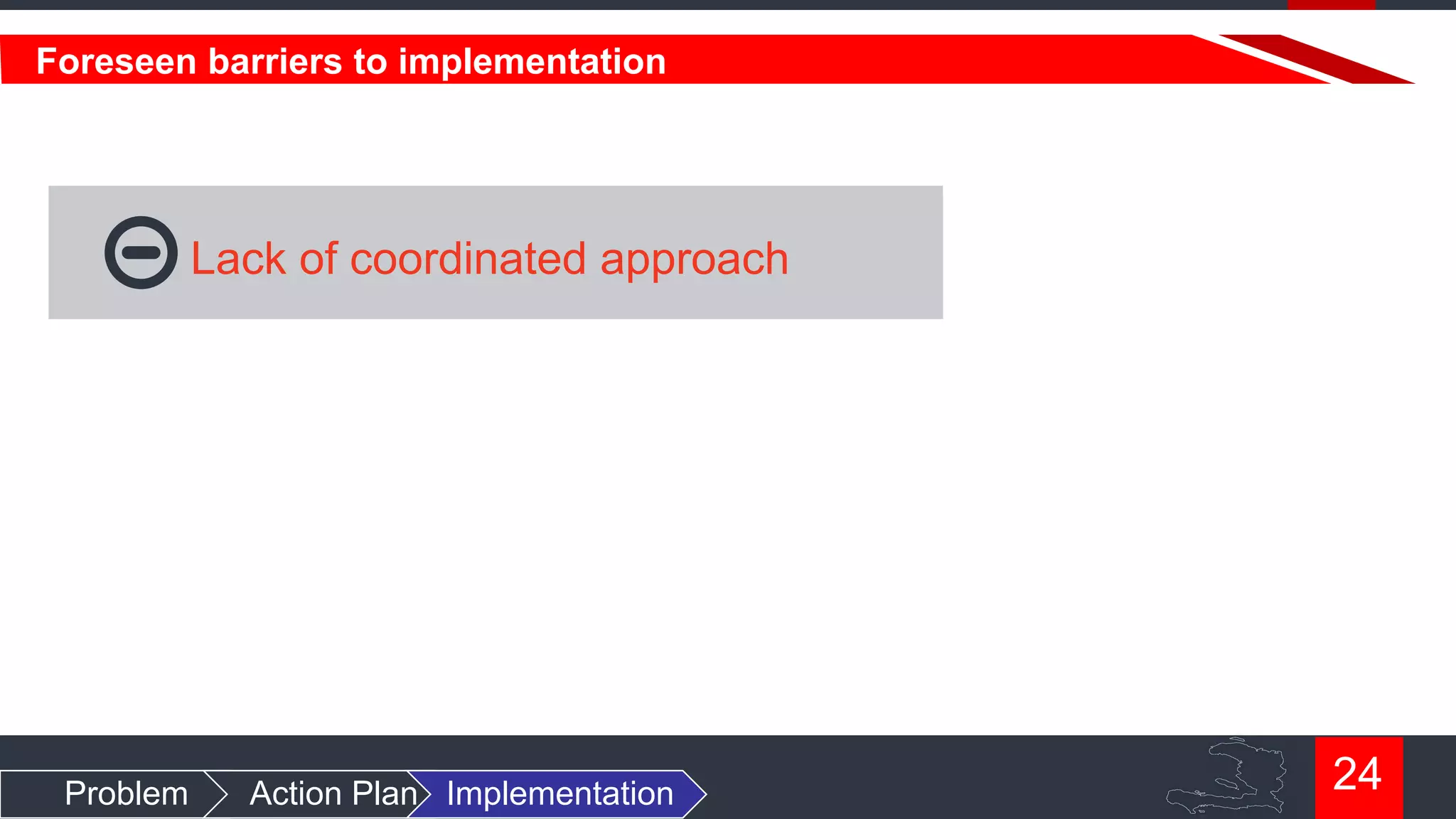 Foreseen barriers to implementation

Lack of coordinated approach

Problem

Action Plan Implementation

24

 