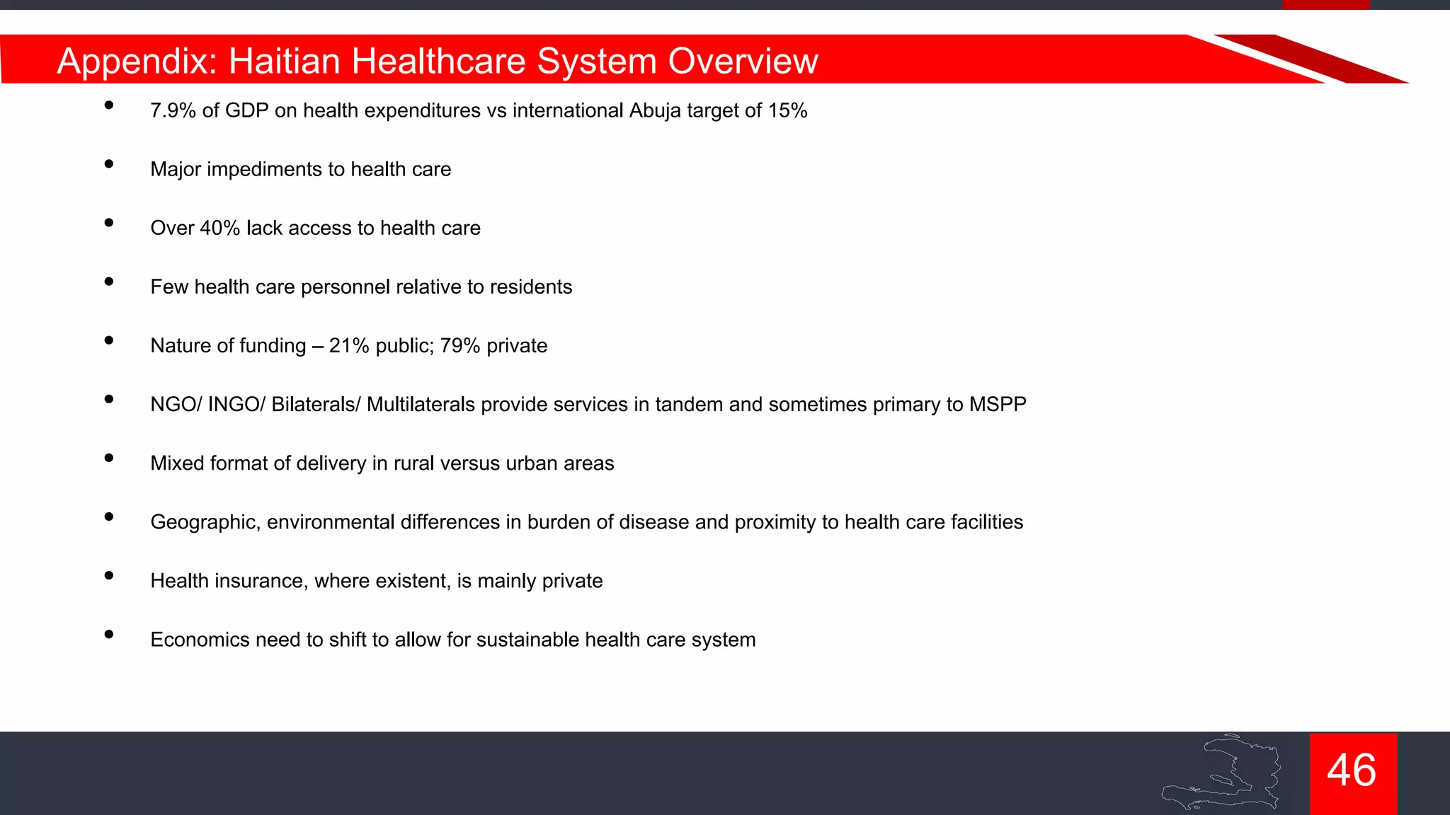 Appendix: Haitian Healthcare System Overview
• 7.9% of GDP on health expenditures vs international Abuja target of 15%
•

Major impediments to health care

•

Over 40% lack access to health care

•

Few health care personnel relative to residents

•

Nature of funding – 21% public; 79% private

•

NGO/ INGO/ Bilaterals/ Multilaterals provide services in tandem and sometimes primary to MSPP

•

Mixed format of delivery in rural versus urban areas

•

Geographic, environmental differences in burden of disease and proximity to health care facilities

•

Health insurance, where existent, is mainly private

•

Economics need to shift to allow for sustainable health care system

46

 