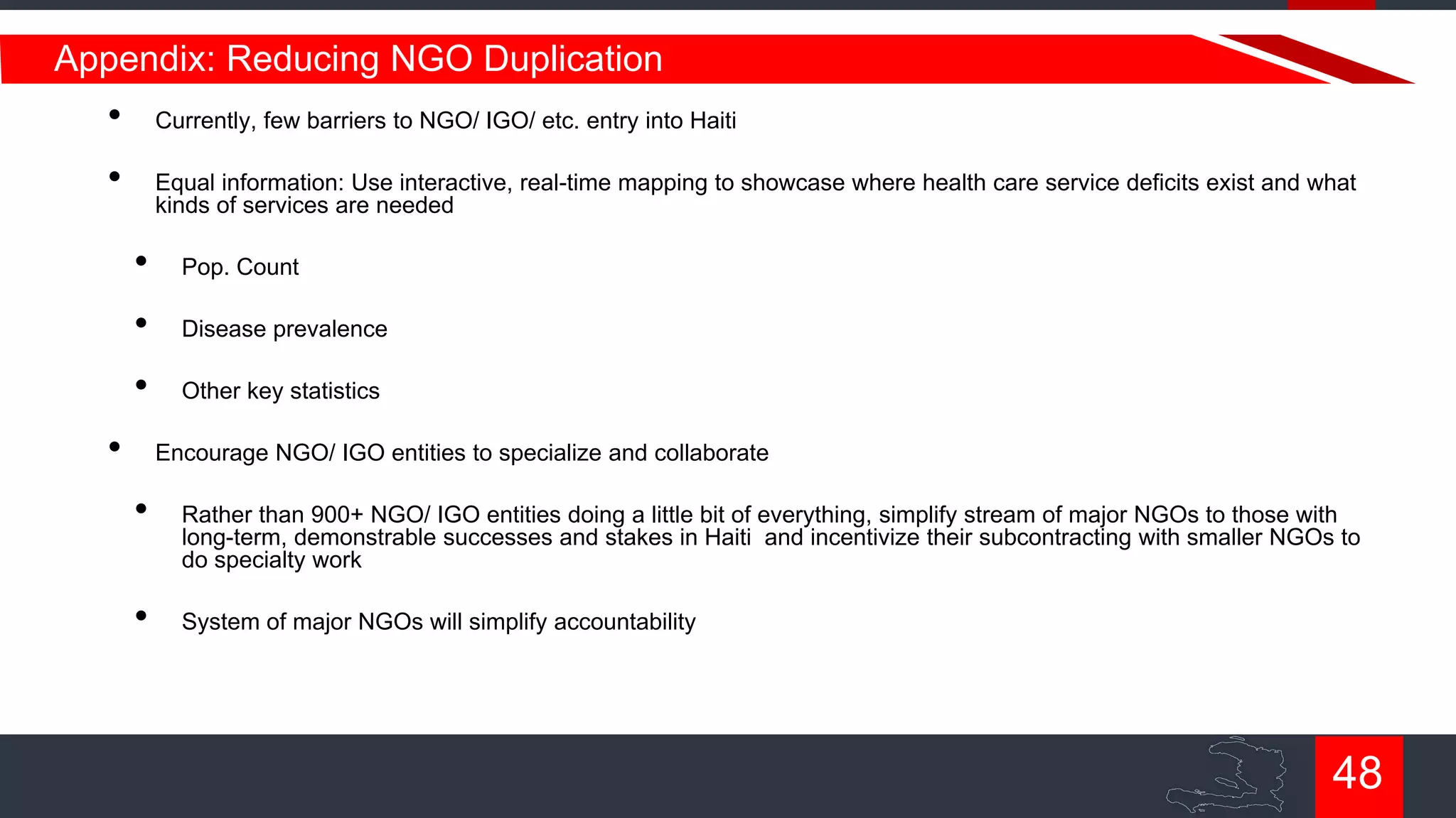 Appendix: Reducing NGO Duplication

•

Currently, few barriers to NGO/ IGO/ etc. entry into Haiti

•

Equal information: Use interactive, real-time mapping to showcase where health care service deficits exist and what
kinds of services are needed

•

Pop. Count

•

Disease prevalence

•

Other key statistics

•

Encourage NGO/ IGO entities to specialize and collaborate

•

•

Rather than 900+ NGO/ IGO entities doing a little bit of everything, simplify stream of major NGOs to those with
long-term, demonstrable successes and stakes in Haiti and incentivize their subcontracting with smaller NGOs to
do specialty work

System of major NGOs will simplify accountability

48

 