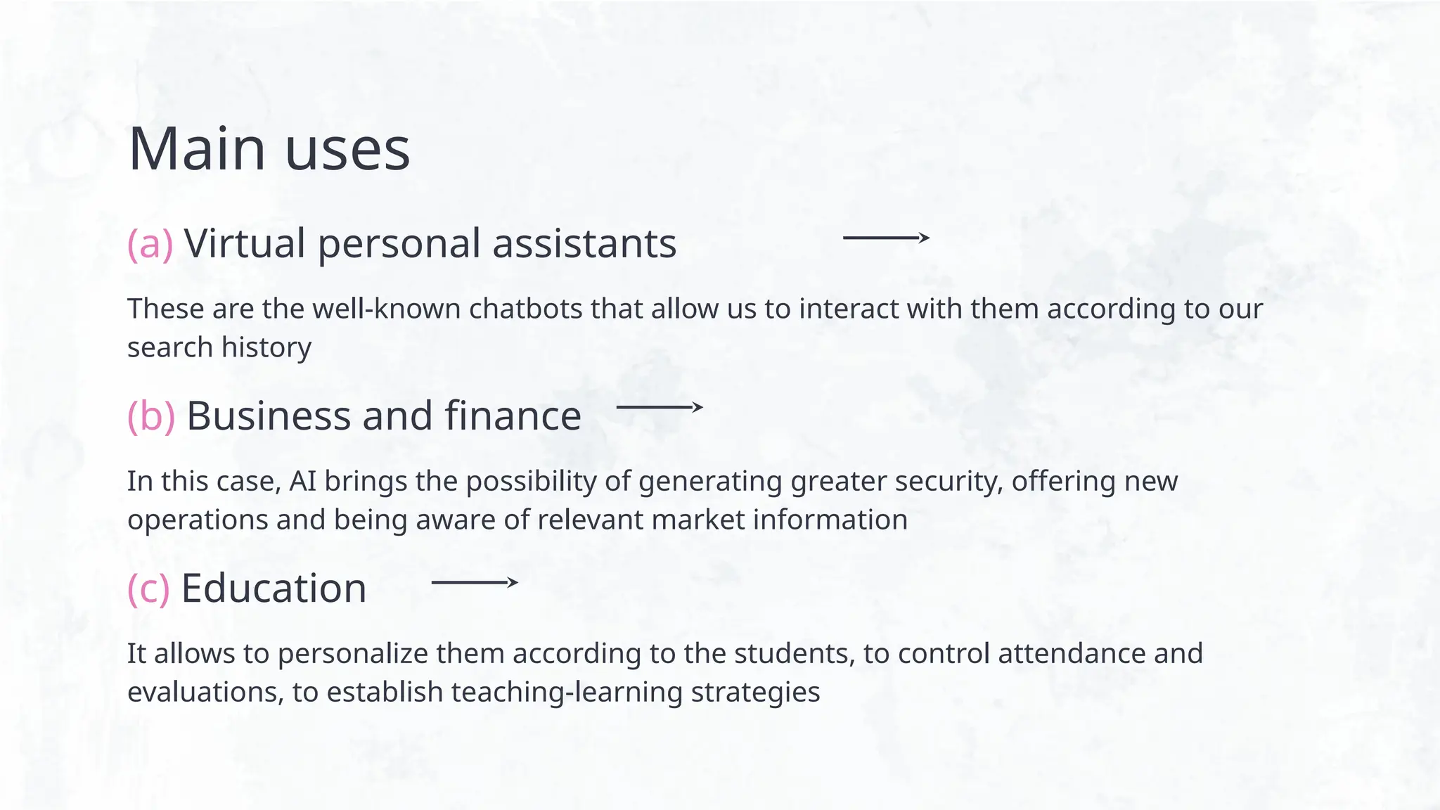 Main uses
(a) Virtual personal assistants
These are the well-known chatbots that allow us to interact with them according to our
search history
(b) Business and finance
In this case, AI brings the possibility of generating greater security, offering new
operations and being aware of relevant market information
(c) Education
It allows to personalize them according to the students, to control attendance and
evaluations, to establish teaching-learning strategies
 
