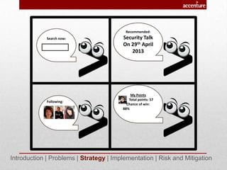 Search now:
Recommended:
Security Talk
On 29th April
2013
Following:
My Points
Total points: 57
Chance of win:
88%
Introduction | Problems | Strategy | Implementation | Risk and Mitigation
 