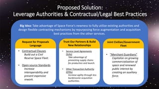 :
Proposed Solution:
Leverage Authorities & Contractual/Legal Best Practices
Big Idea: Take advantage of Space Force's new...