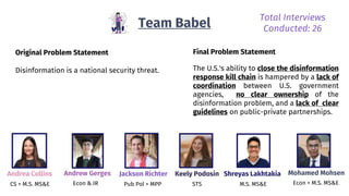 Original Problem Statement
Disinformation is a national security threat.
Team Babel
Andrea Collins
CS + M.S. MS&E
Andrew Gerges
Econ & IR
Jackson Richter
Pub Pol + MPP
Keely Podosin
STS
Shreyas Lakhtakia
M.S. MS&E
Mohamed Mohsen
Econ + M.S. MS&E
Total Interviews
Conducted: 26
Final Problem Statement
The U.S.'s ability to close the disinformation
response kill chain is hampered by a lack of
coordination between U.S. government
agencies, no clear ownership of the
disinformation problem, and a lack of clear
guidelines on public-private partnerships.
 