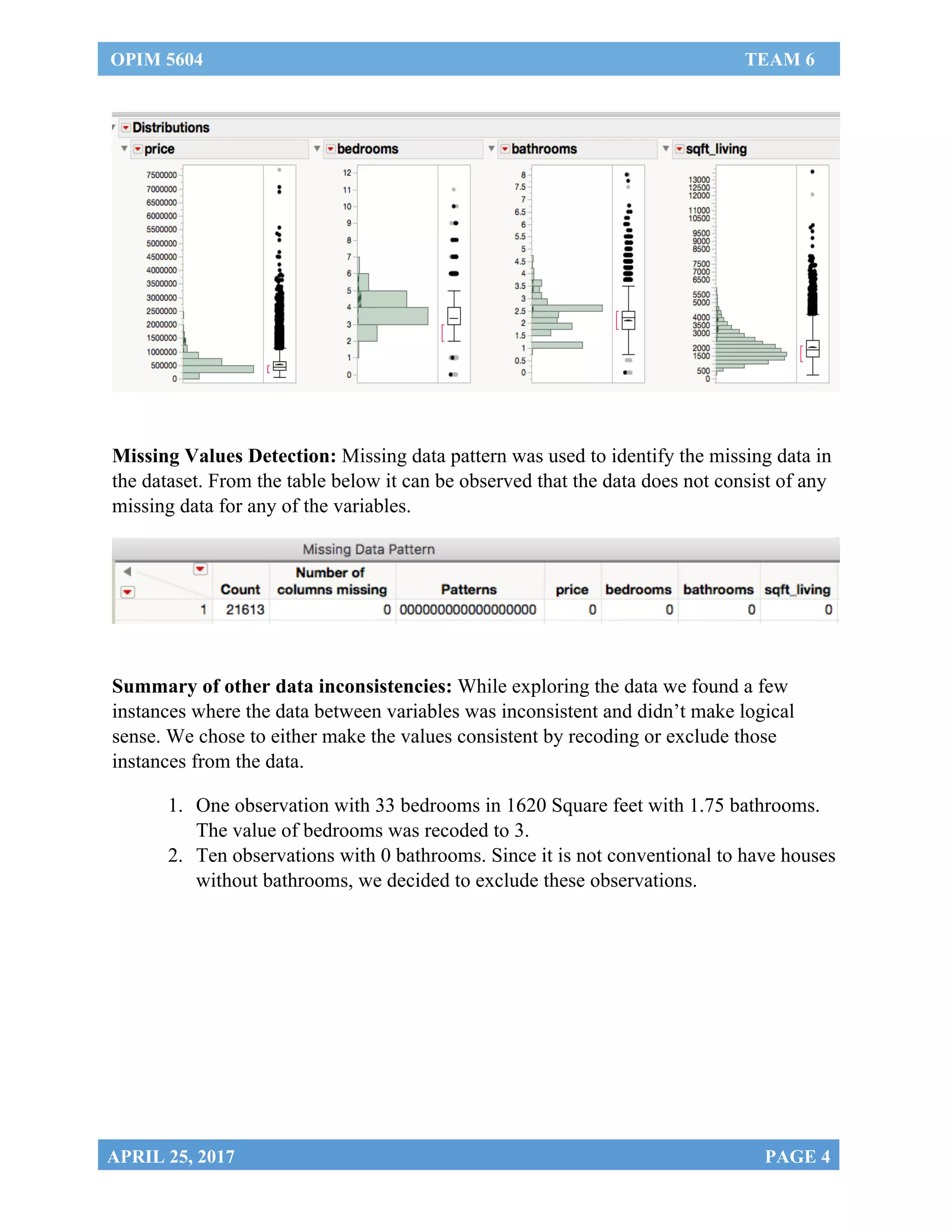 OPIM 5604 TEAM 6
	
APRIL 25, 2017 PAGE 4
	
	
Missing Values Detection: Missing data pattern was used to identify the missing data in
the dataset. From the table below it can be observed that the data does not consist of any
missing data for any of the variables.
	
Summary of other data inconsistencies: While exploring the data we found a few
instances where the data between variables was inconsistent and didn’t make logical
sense. We chose to either make the values consistent by recoding or exclude those
instances from the data.
1. One observation with 33 bedrooms in 1620 Square feet with 1.75 bathrooms.
The value of bedrooms was recoded to 3.
2. Ten observations with 0 bathrooms. Since it is not conventional to have houses
without bathrooms, we decided to exclude these observations.
	 	
 